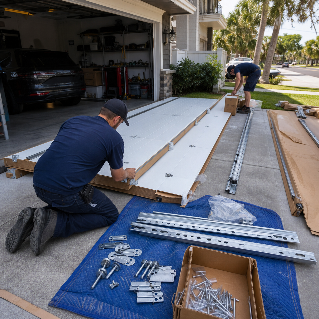 Garage door installation being performed by a professional
