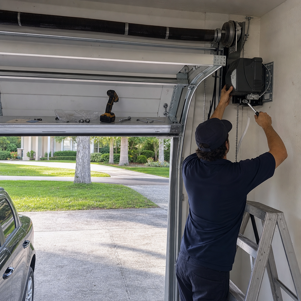 Garage door opener installation and repair technician at work