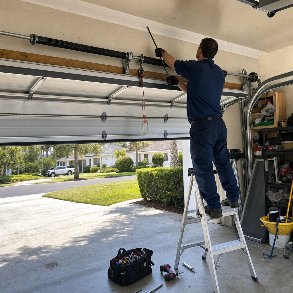 Garage door repair technician fixing spring system on ladder