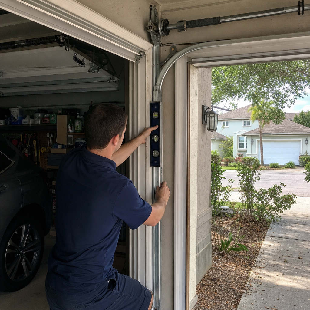 Garage door repair technician leveling garage door track