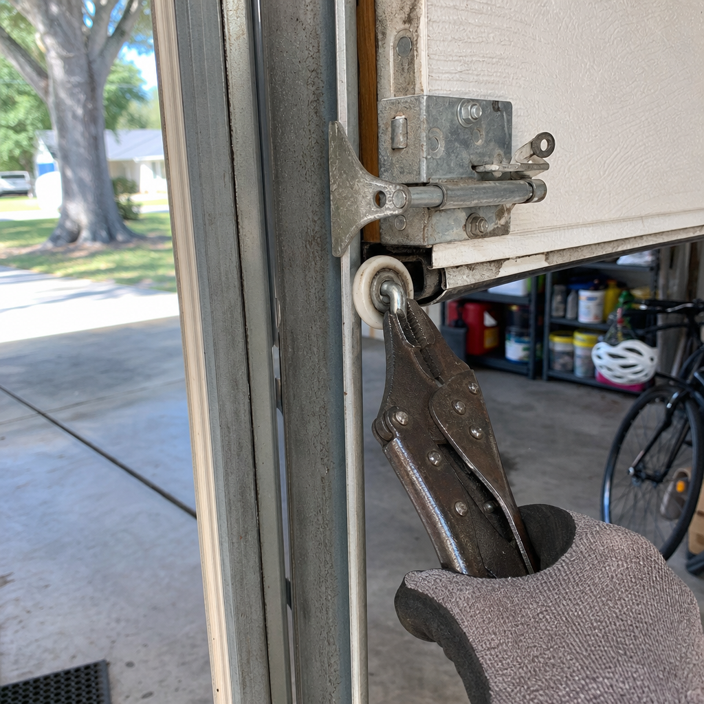 Garage door roller repair with locking pliers by a professional.