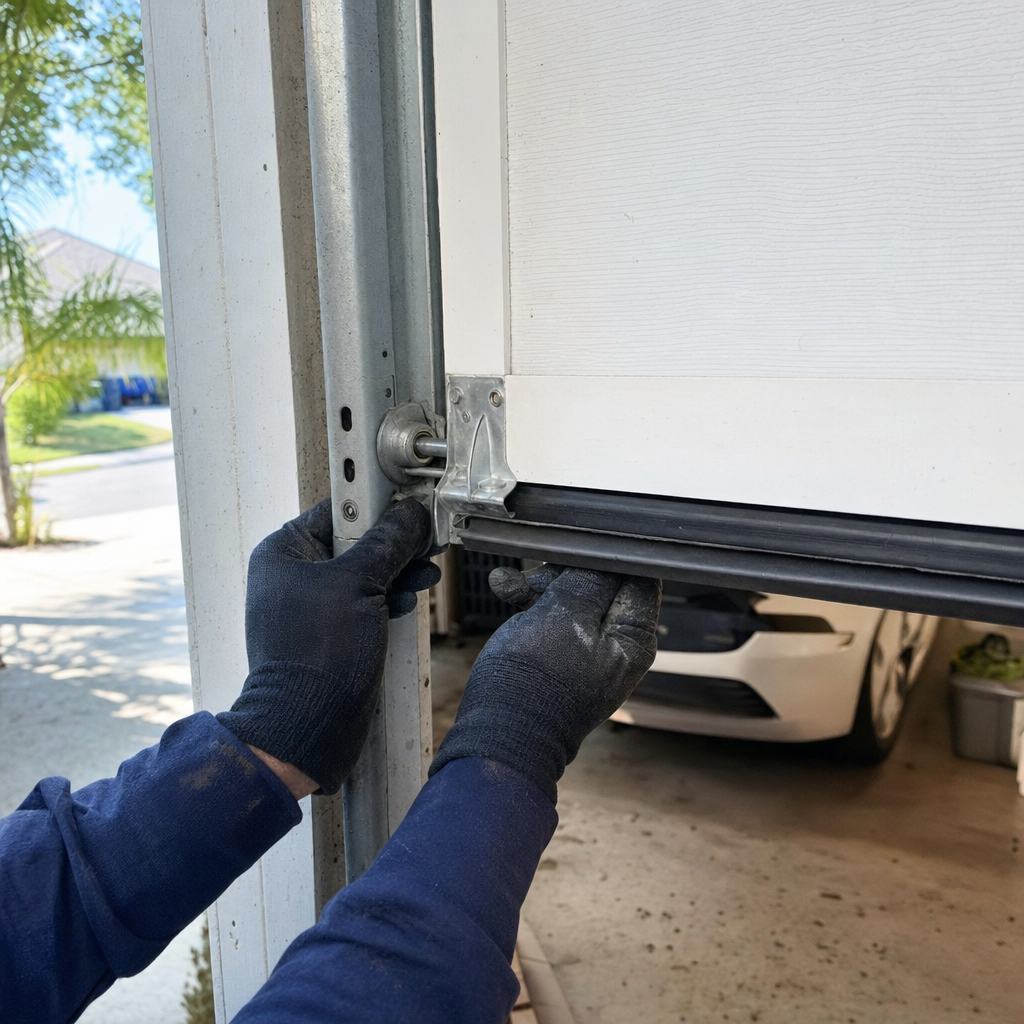 Emergency garage door repair, technician adjusting roller on track in Nocatee, FL