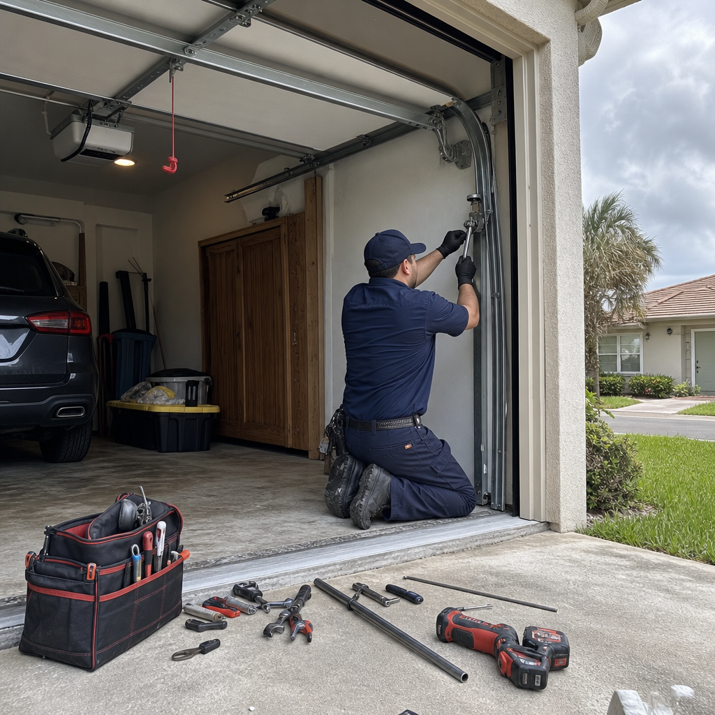 Garage door technician performing emergency garage door repair work in Ponte Vedra Beach, FL
