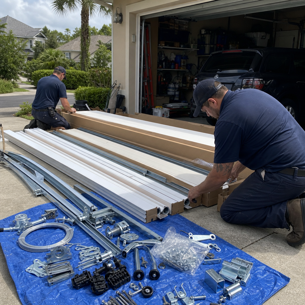 Garage door installation with technician and parts. in Nocatee, FL