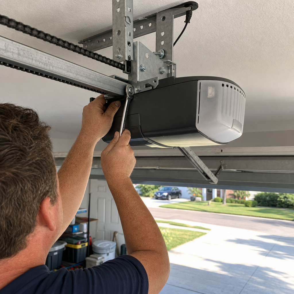 Technician adjusts garage door opener mechanism with wrench in Nocatee, FL