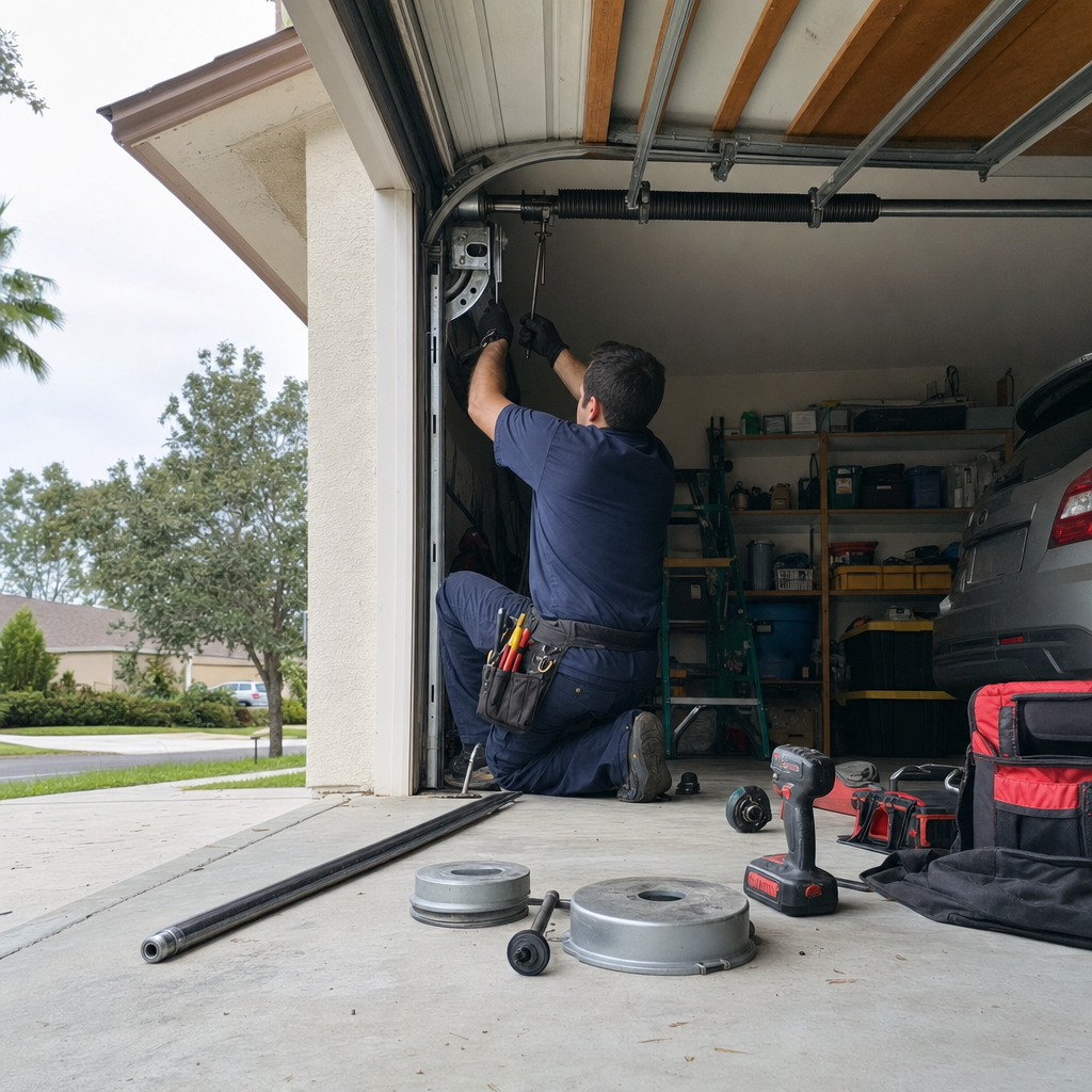 Garage door technician repairs spring with tools and parts in Nocatee, FL