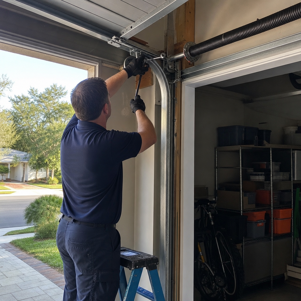 Garage door technician working on spring mechanism with wrench in Ponte Vedra Beach, FL